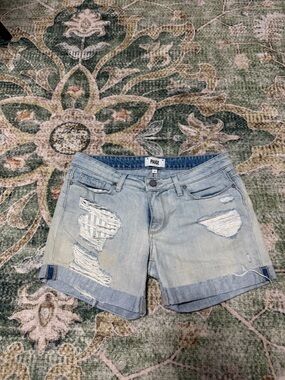 PAIGE Light Blue Distressed Cuffed Denim Shorts